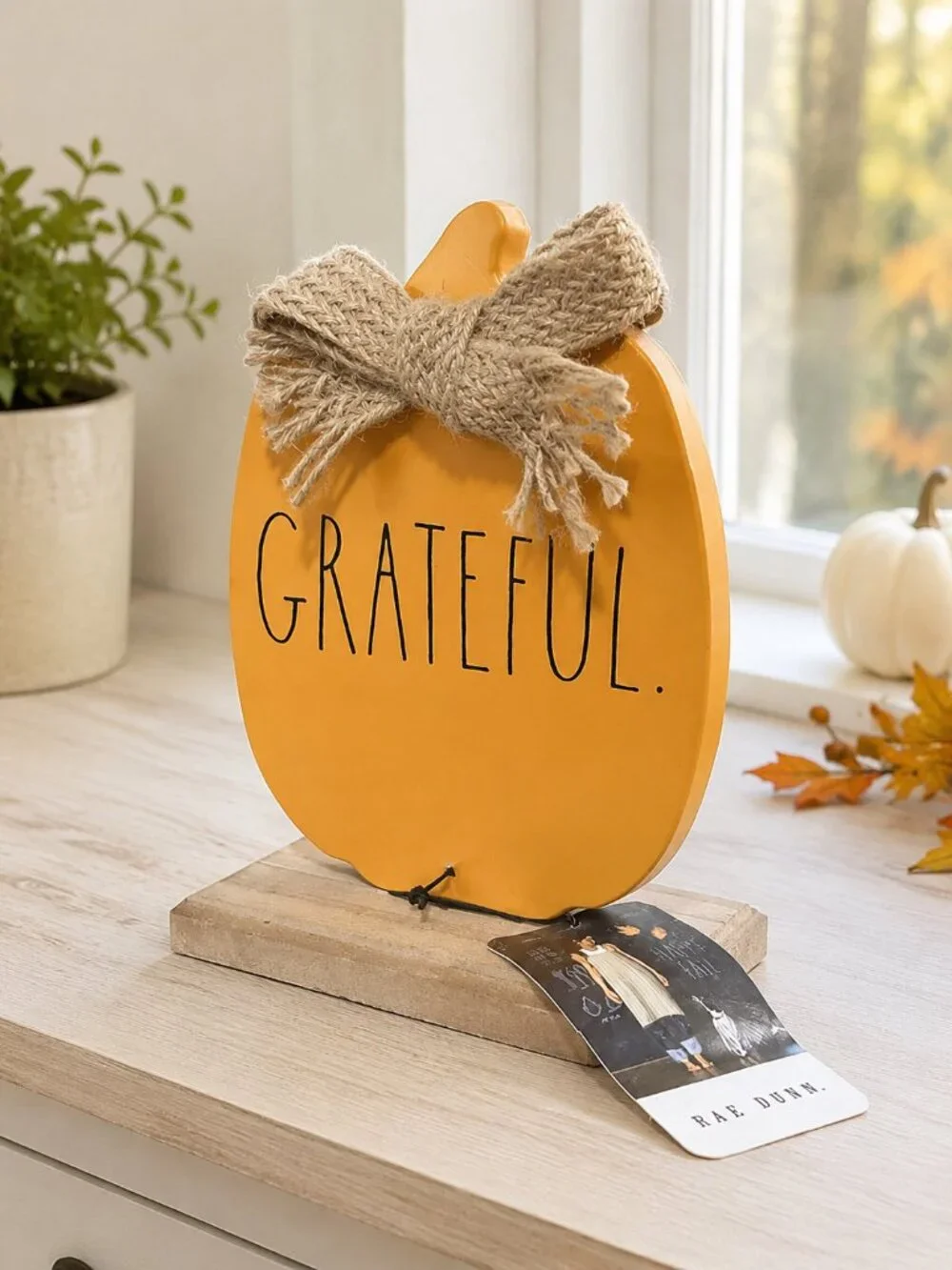 Rae Dunn Grateful Orange Pumpkin Metal Sign Wood Base Fall Decor NWT